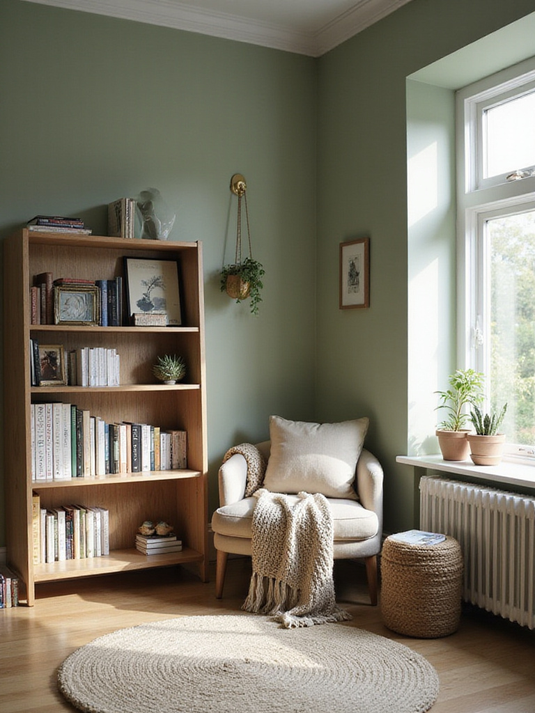 A serene bedroom painted sage green, featuring a wooden bookshelf and a comfortable reading spot, conveying a connection to nature.