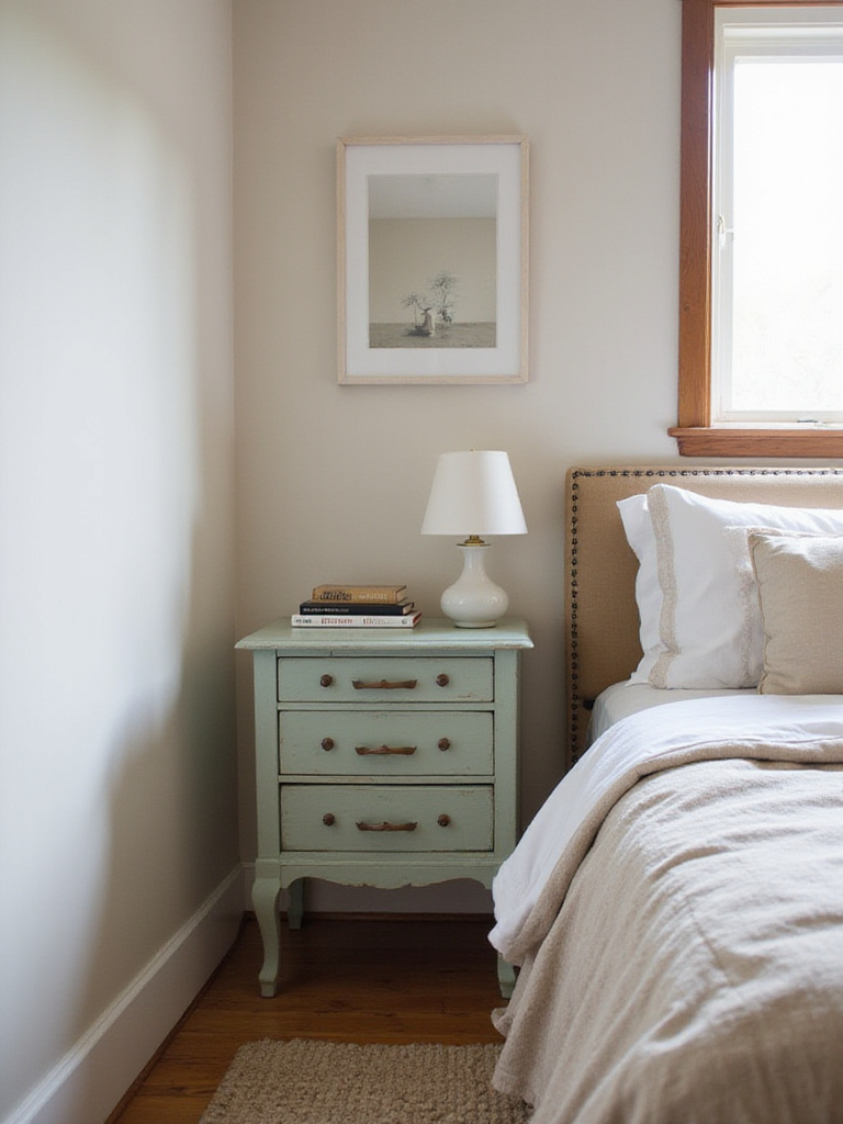 Thrifted vintage nightstand in a cozy bedroom corner.