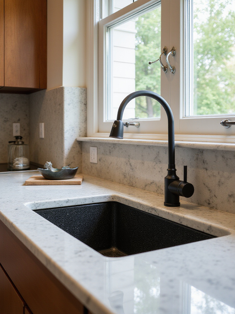 A luxurious kitchen sink area showcasing an undermount sink with composite granite and quartz countertop.
