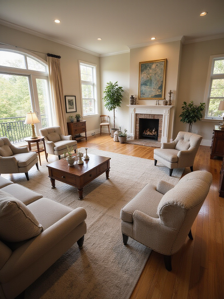 A strategically arranged living room featuring a sofa, coffee table, and accent chairs placed to create conversation areas and define zones, illuminated by warm natural light from a large window.