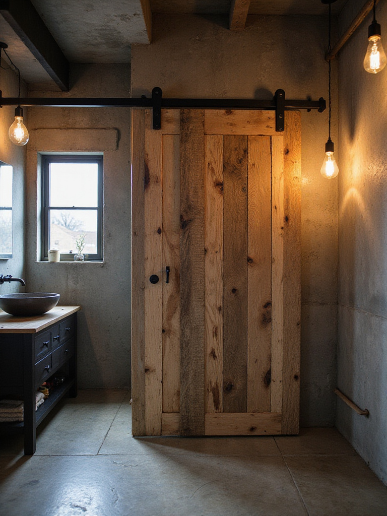 Industrial bathroom with reclaimed wood sliding barn door and exposed hardware.