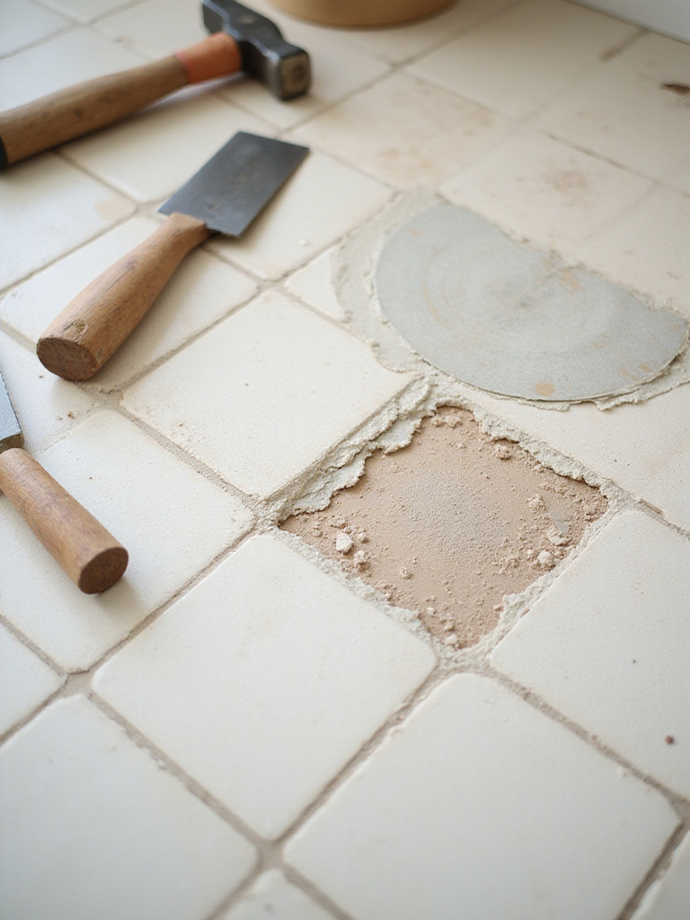 Replacing a damaged kitchen floor tile showing tools and partially removed tile