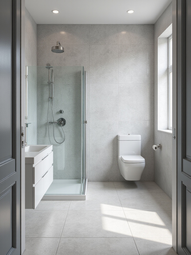 Modern bathroom with floor-to-ceiling large format light grey tiles on all walls and floor, featuring a wall-mounted vanity and glass shower.