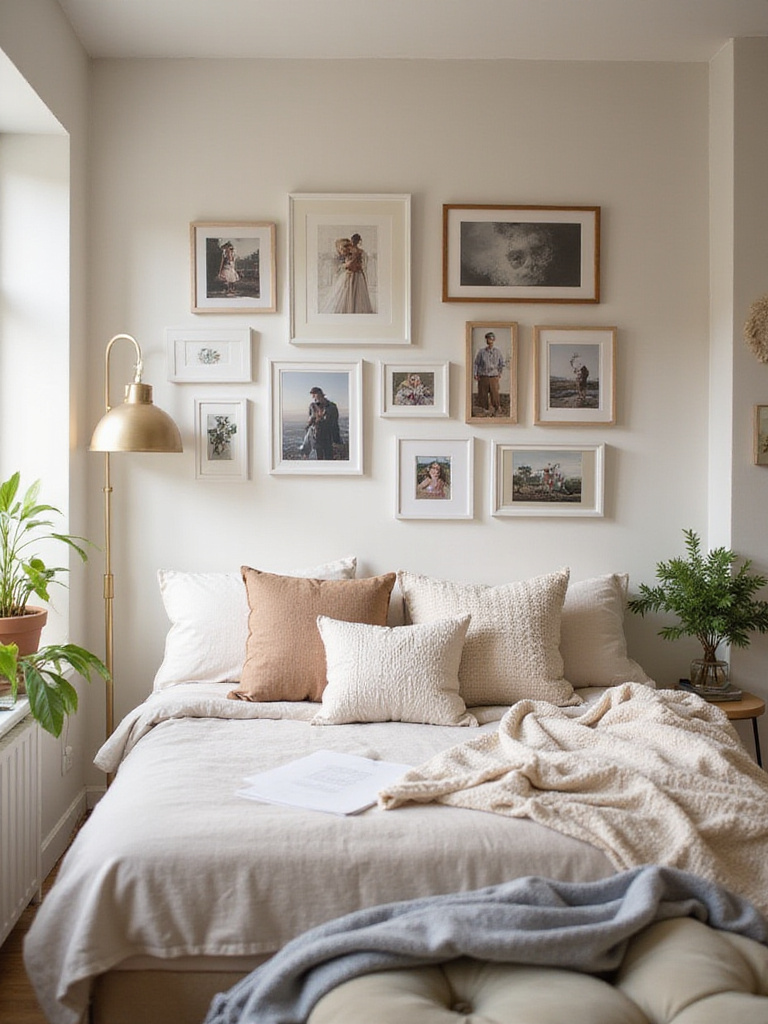 Bedroom gallery wall featuring framed personal photos and prints above a bed.
