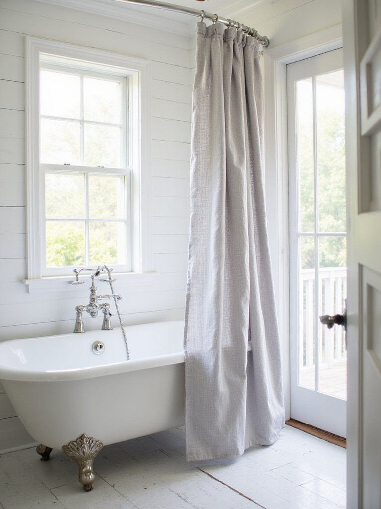 Simple fabric farmhouse shower curtain in a beautifully styled bathroom