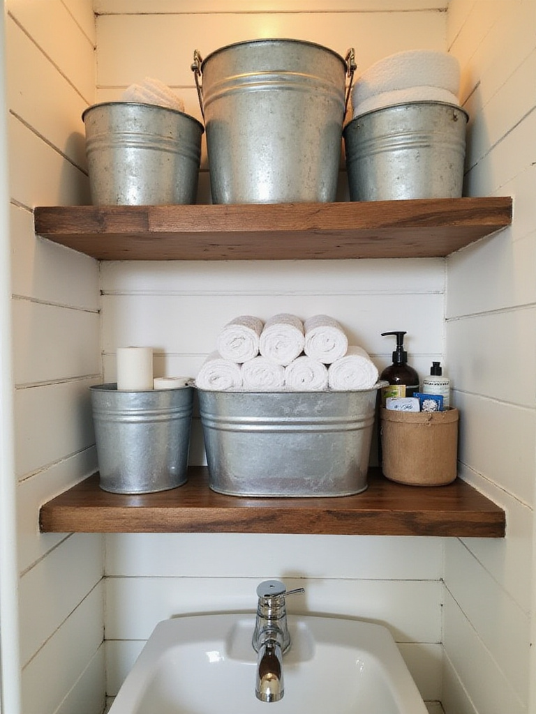 Rustic bathroom with galvanized metal storage bins holding towels and toiletries