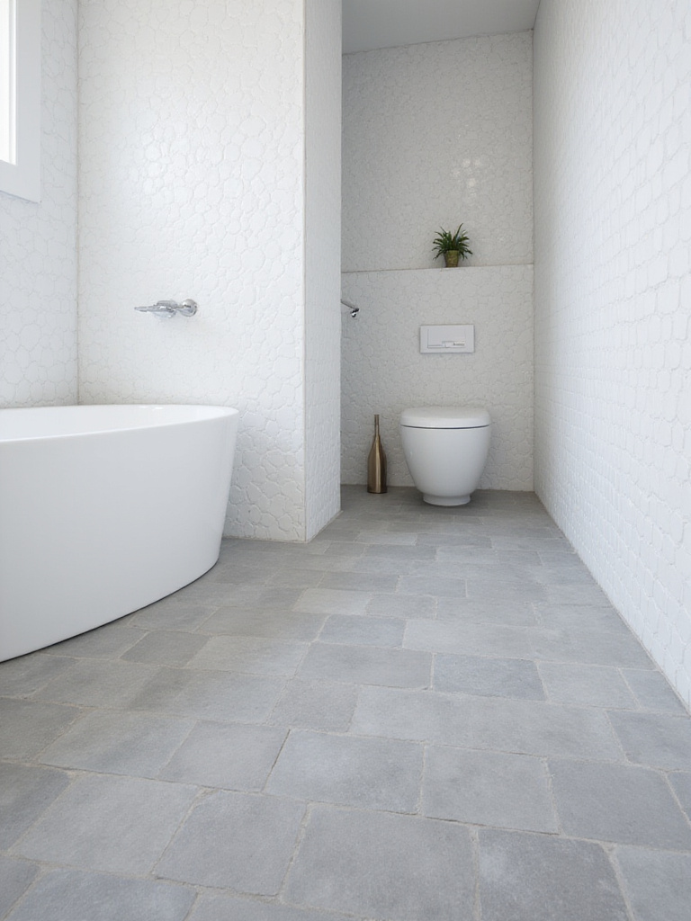 Modern bathroom featuring matte grey hexagon floor tiles and glossy white hexagon shower wall tiles transitioning onto the main wall, with a freestanding bathtub.