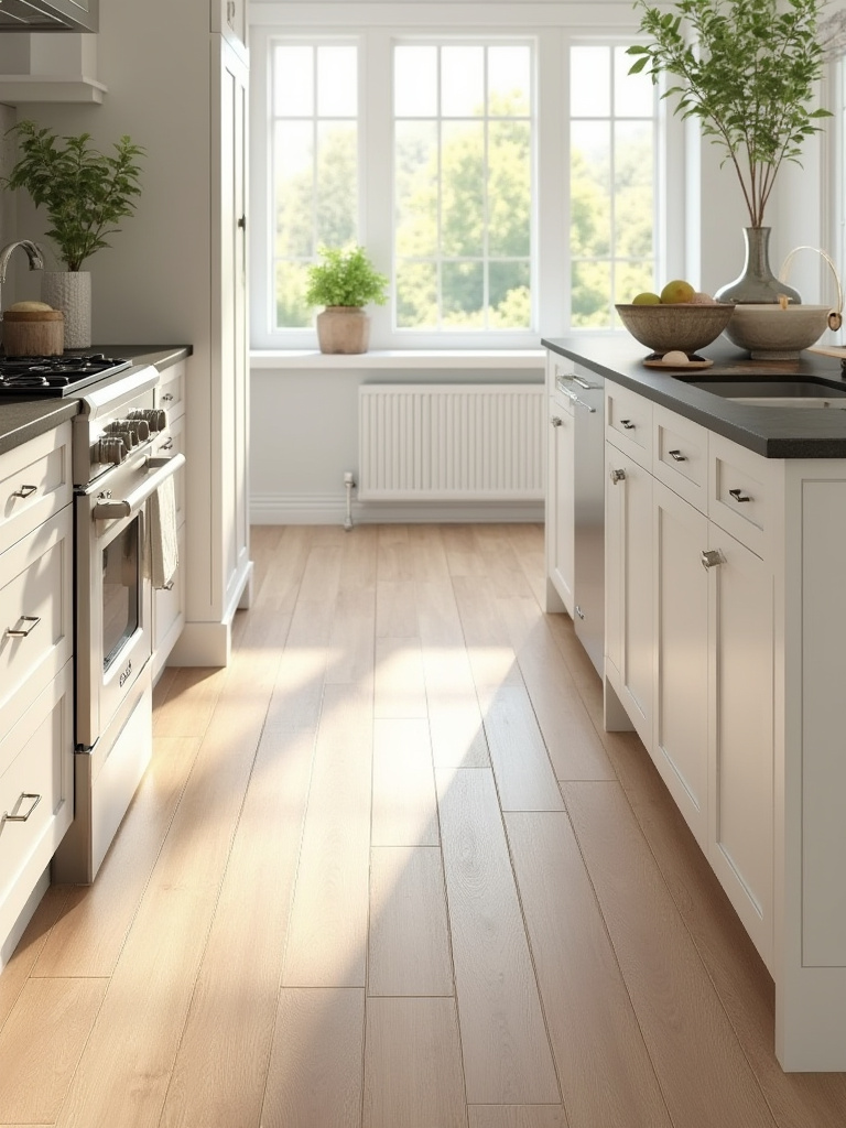 Kitchen floor covered in durable, low-maintenance wood-look porcelain tiles, offering the warm aesthetic of real wood without the upkeep required in a kitchen environment.