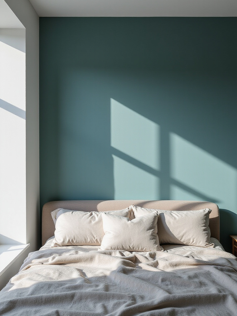 Bedroom with teal accent wall behind bed
