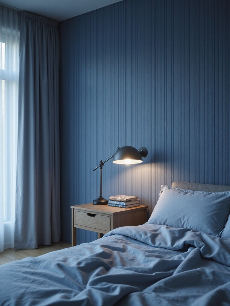 A bedroom with elegant tone-on-tone striped walls, adding a sense of rhythm and quiet dynamism to the reading retreat.
