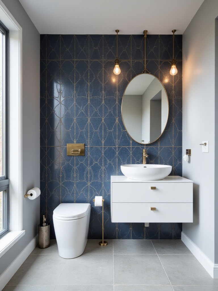 Modern bathroom with a bold geometric tiled statement wall behind a white vanity and round mirror.