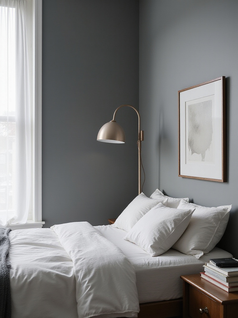 A modern bedroom with sophisticated gray walls, providing a versatile and contemporary backdrop for a reading retreat.