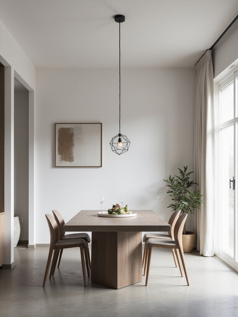 A minimalist modern dining room featuring a concrete table, sleek chairs, and a sculptural pendant light in a neutral color palette.