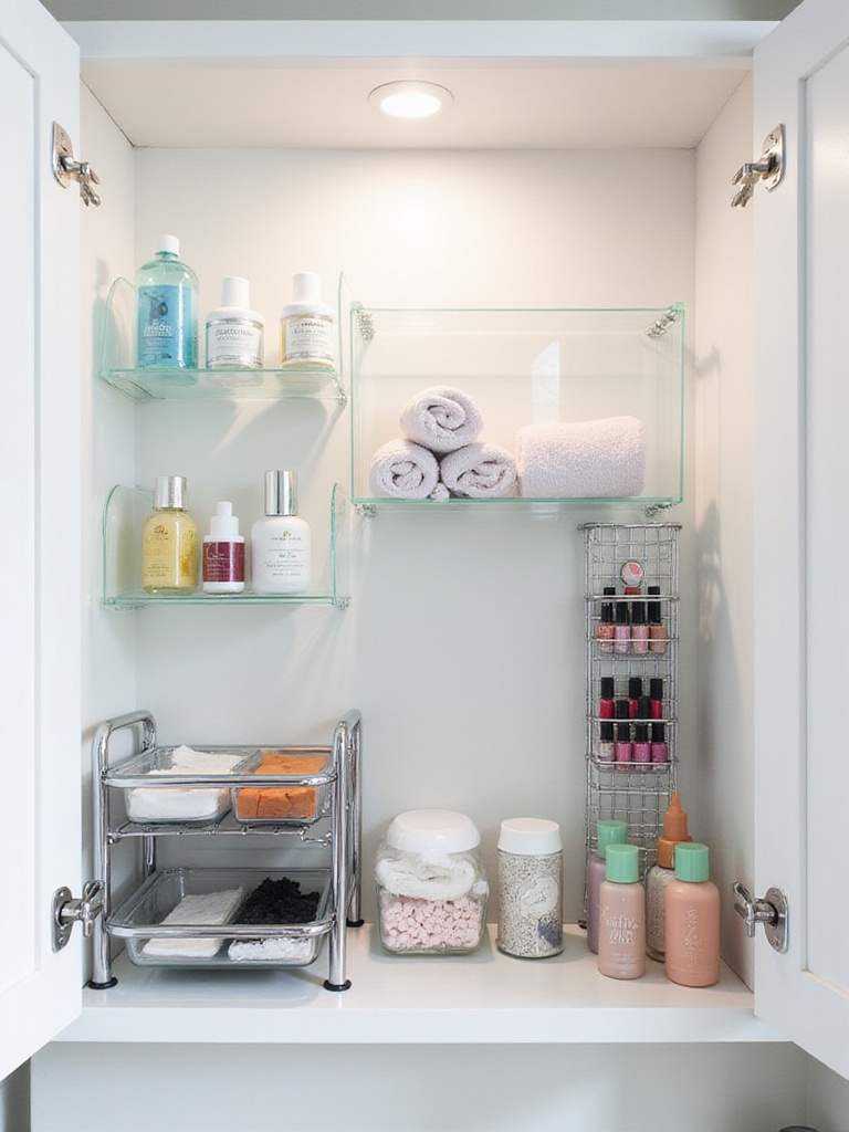 Interior view of a white bathroom cabinet shelf organized with clear acrylic and chrome tiered organizers holding skincare, toiletries, and washcloths.