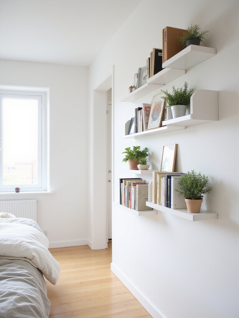 Small bedroom with white wall-mounted shelves holding books and plants.
