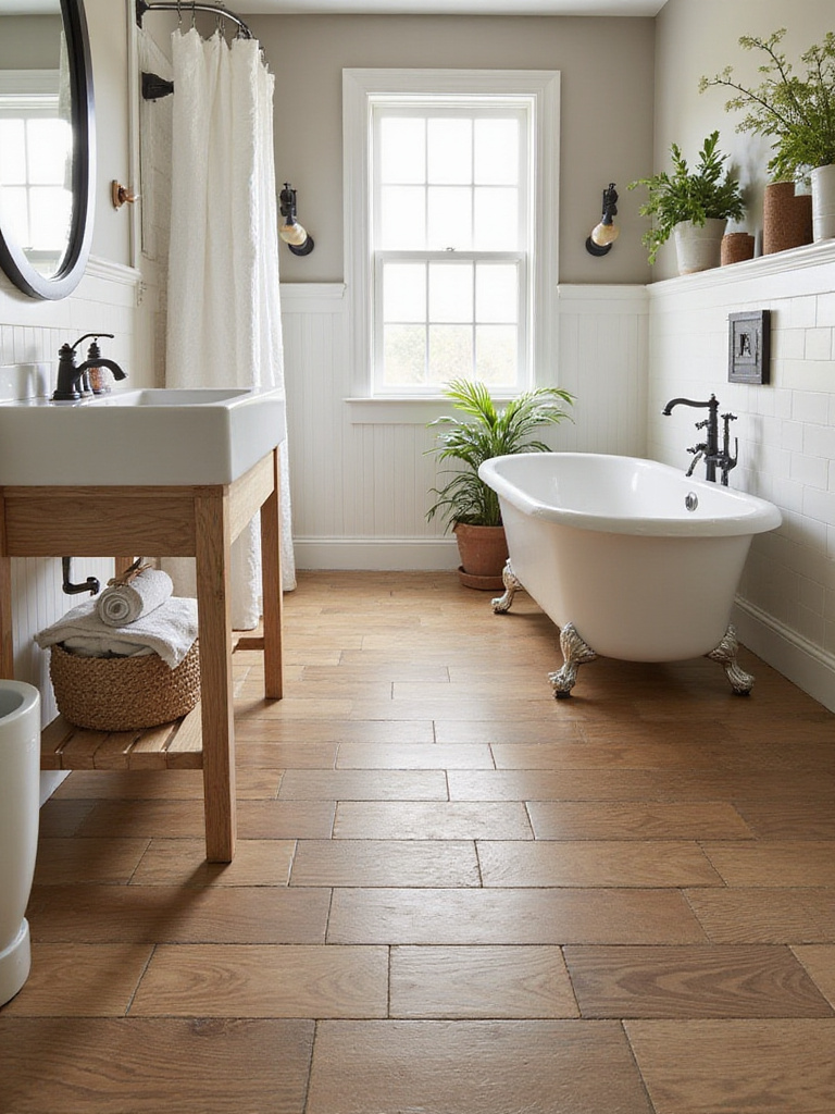 Farmhouse bathroom with wood-look tile flooring and rustic decor