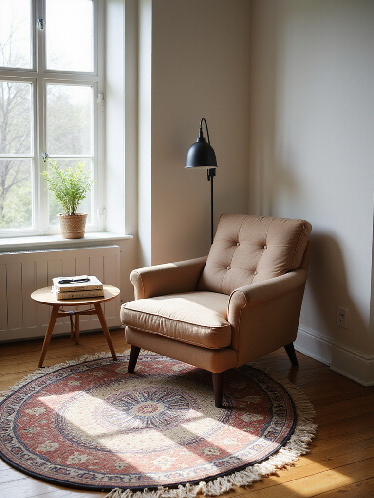 Stylish living room corner with an armchair placed on a decorative rug, defining the cozy seating area.