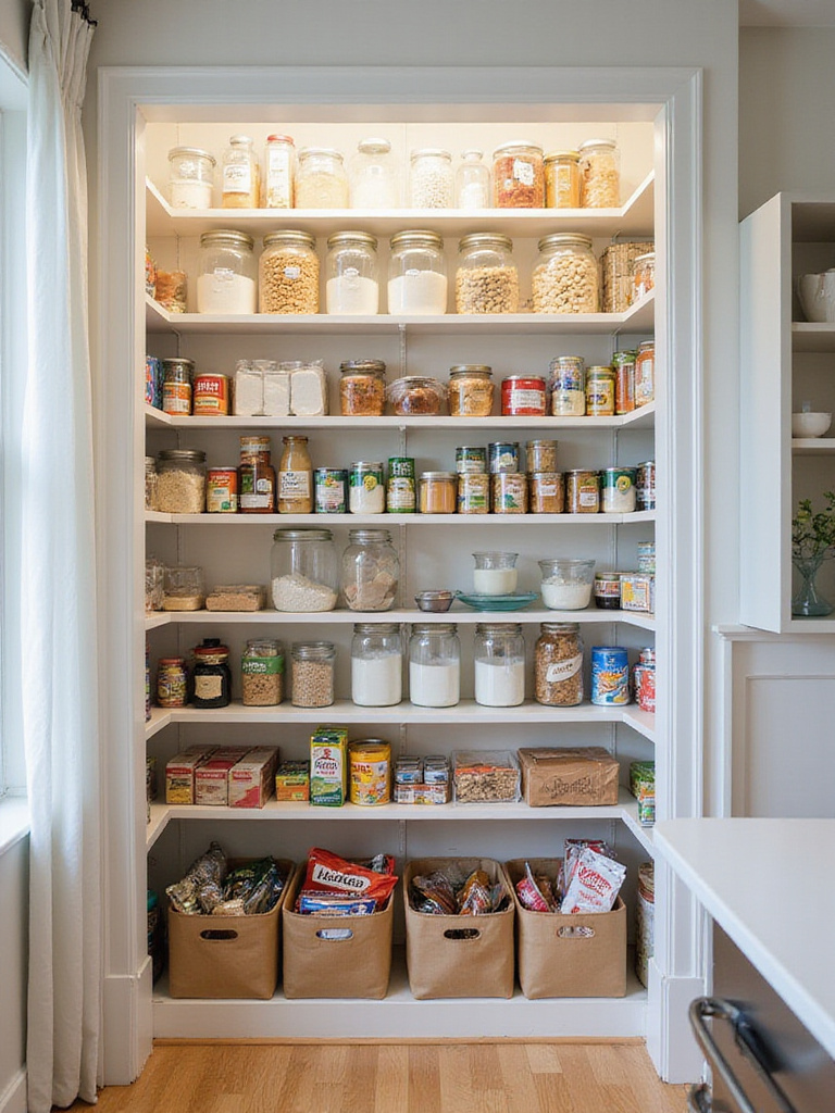 A well-organized kitchen pantry with food items grouped by category, showing sections for baking supplies, canned goods, and snacks in bins on neat shelves.