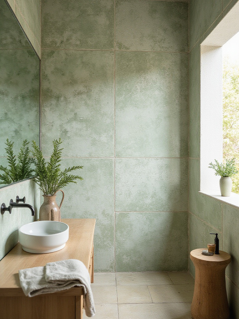 Bathroom wall covered in handcrafted Zellige tiles, showing their unique texture and color variation.