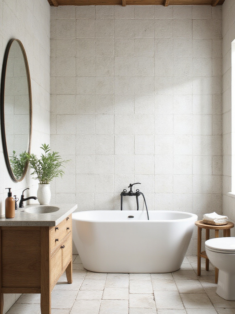 Farmhouse bathroom featuring a wall covered in imperfect, zellige-inspired tiles, showcasing their handmade look and subtle variations.