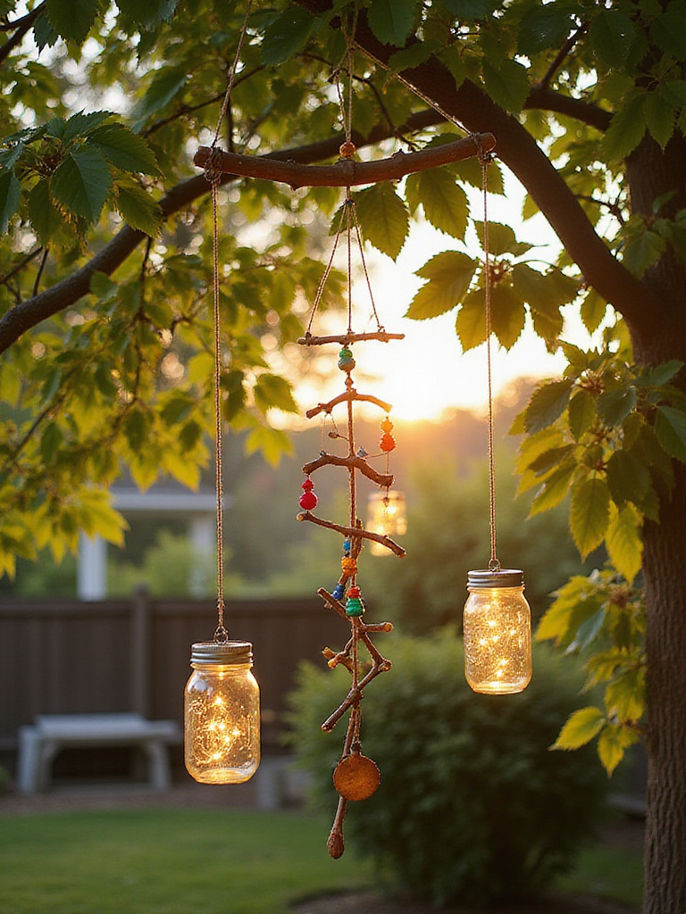 Affordable outdoor decor hanging in a backyard: silverware wind chime, beaded mobile, and mason jar lanterns.