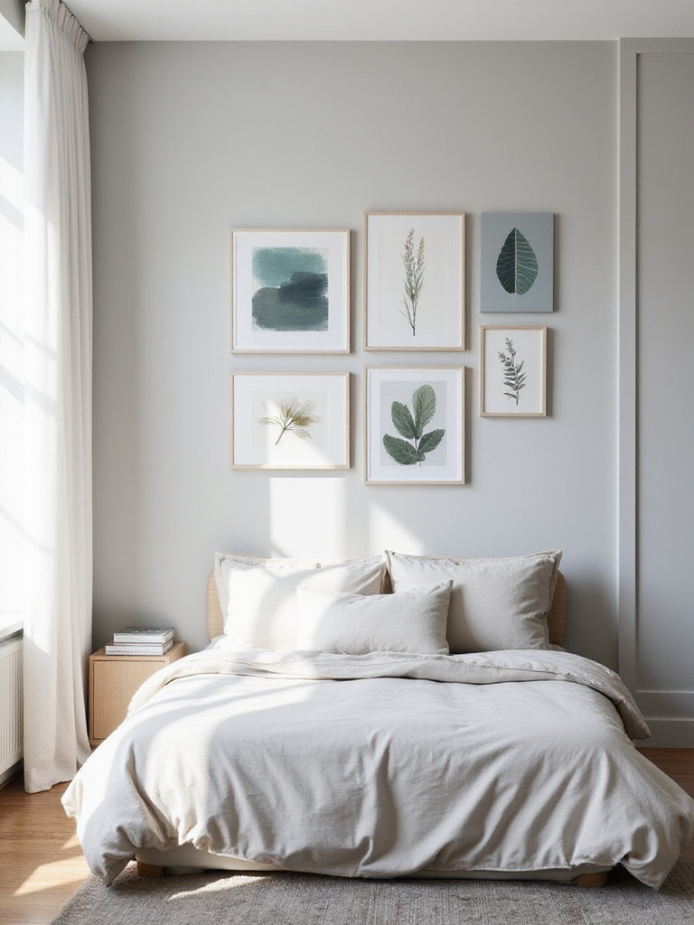 Affordable DIY gallery wall above a bed in a modern bedroom