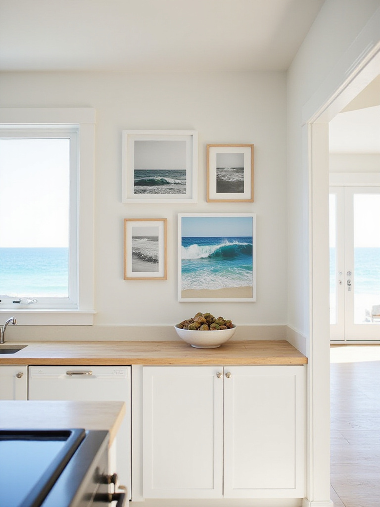 Coastal kitchen interior featuring a gallery wall with framed coastal art and photography above the counter.