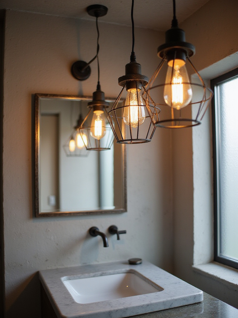 Industrial bathroom with cage pendant lighting above vanity mirror.