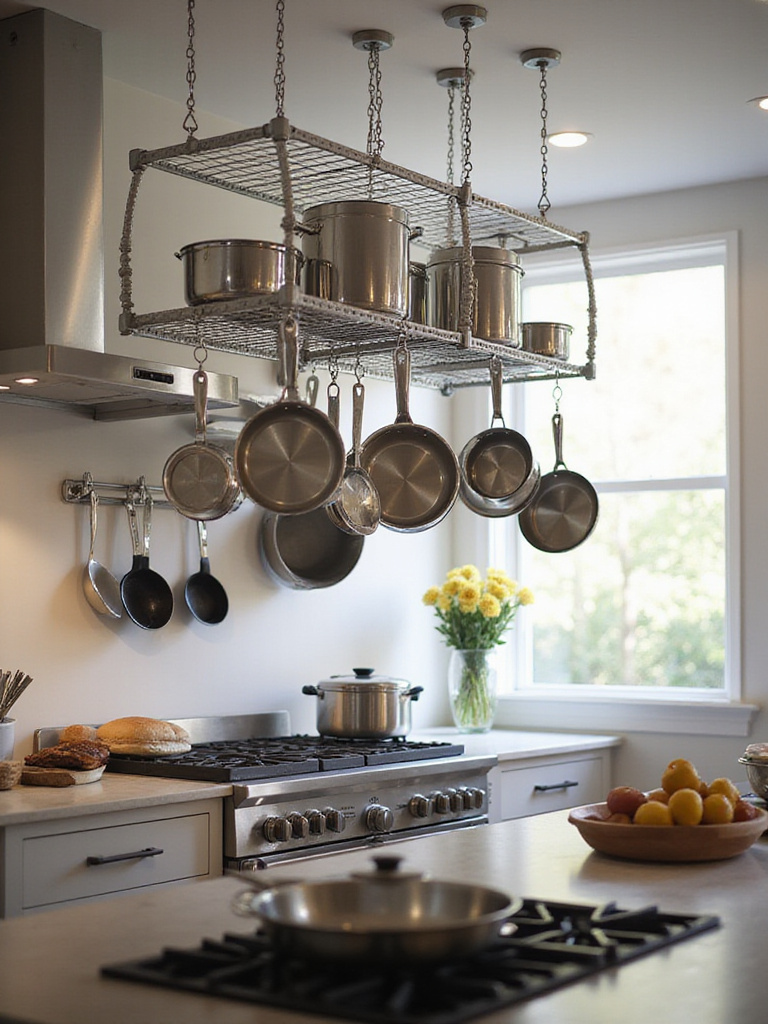 Modern kitchen featuring a hanging pot rack above an island and wall-mounted rails near the range, showcasing organized stainless steel pots and pans for easy access and efficient storage.