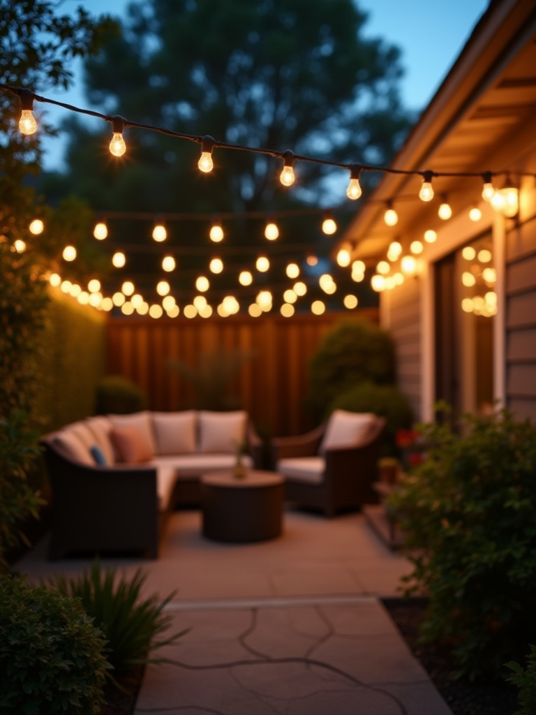 Backyard patio illuminated with string lights at dusk.