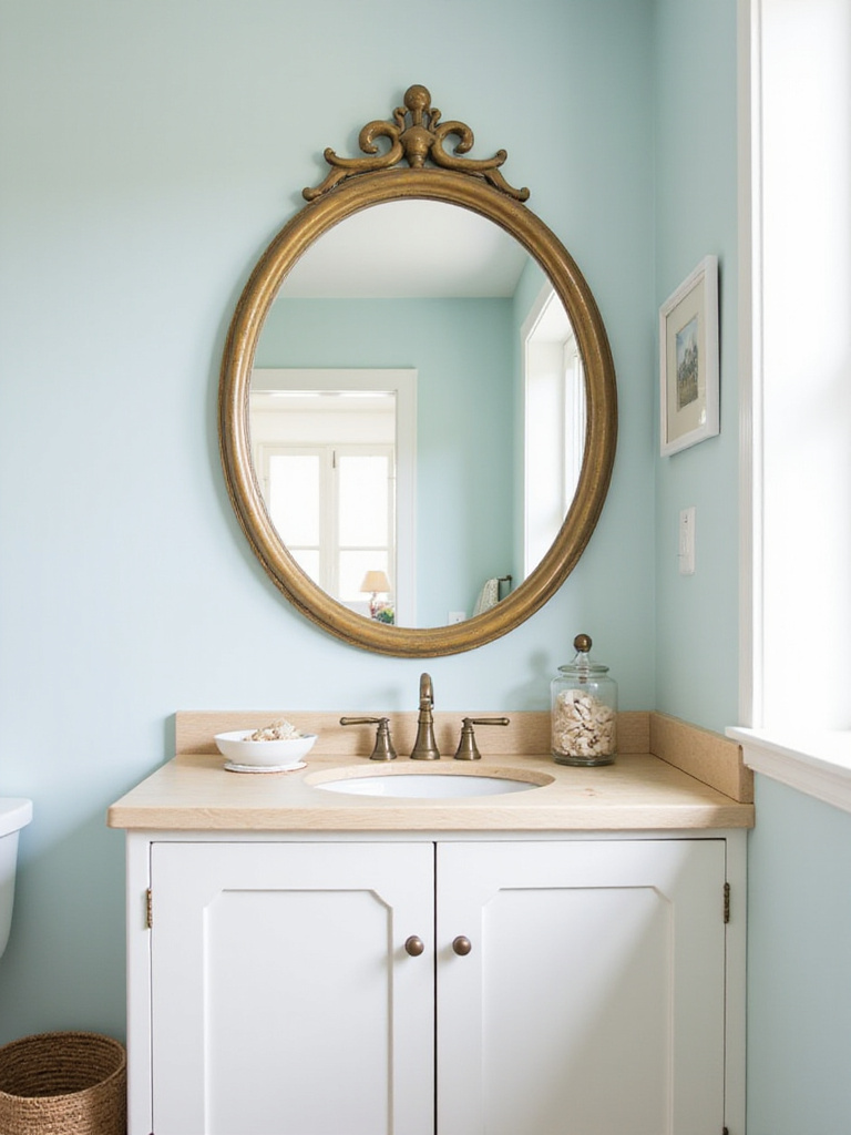 A porthole-style mirror with an aged brass frame hanging above a white vanity in a bright, coastal-themed bathroom.