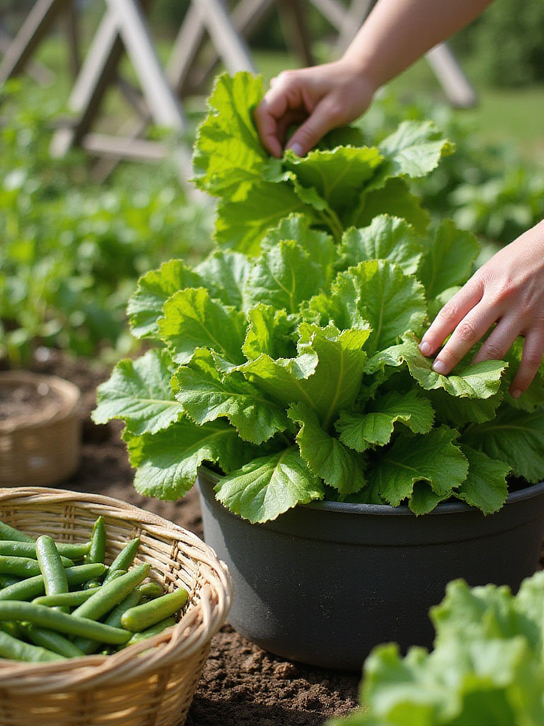 Harvesting vegetables regularly from containers, like using the 'cut-and-come-again' method for lettuce, to encourage continuous production.