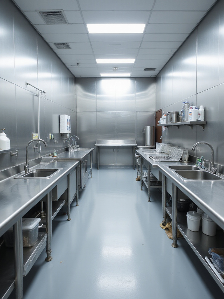 Layout of multiple compliant industrial kitchen sinks, including handwashing, 3-compartment warewashing, food prep, and utility sinks, emphasizing proper design and placement for health code compliance.