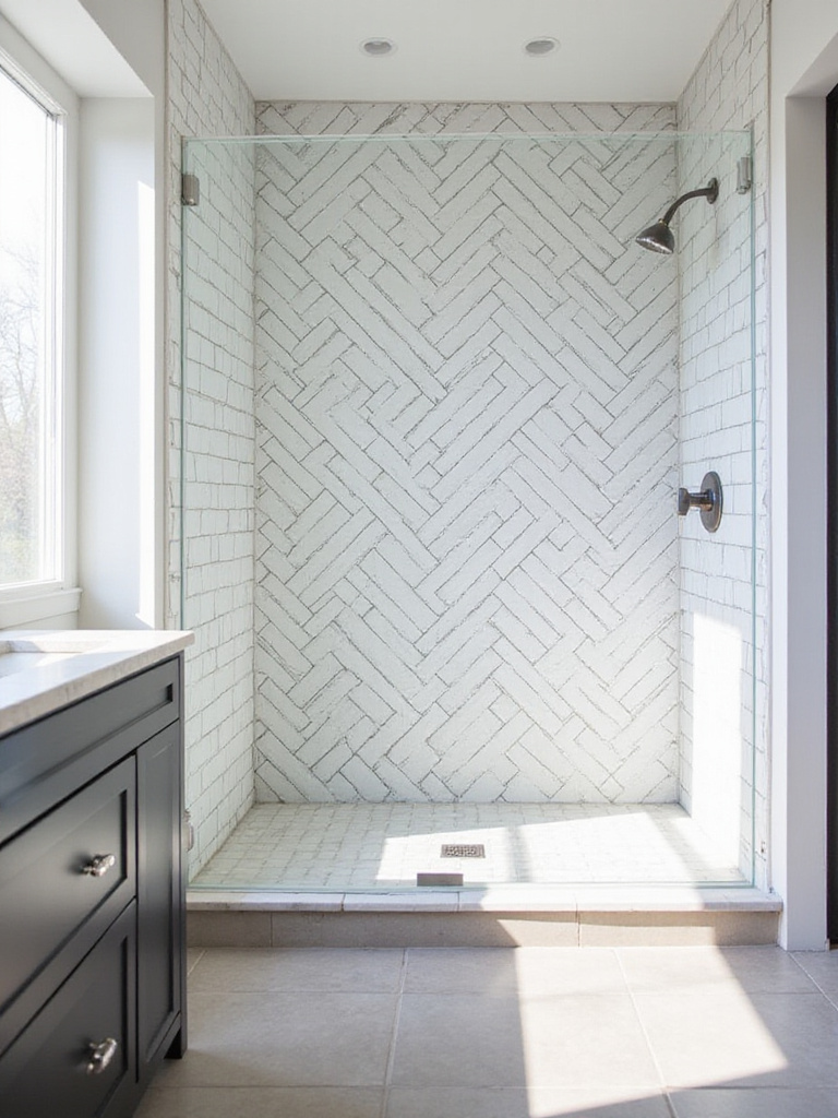 Modern bathroom shower wall tiled in white subway tiles with dark gray grout in a striking herringbone pattern.