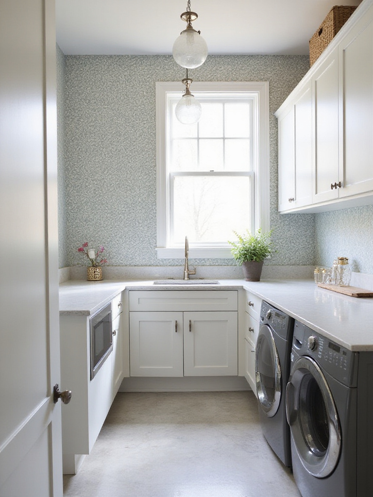 Laundry room with clean geometric pattern wallpaper