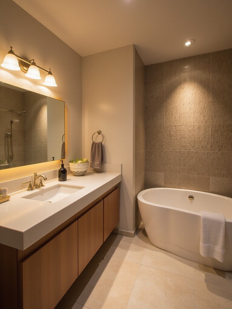 Modern bathroom interior featuring layered lighting, with vanity sconces, recessed ambient lights, and accent lighting highlighting design features, creating a warm and functional space.