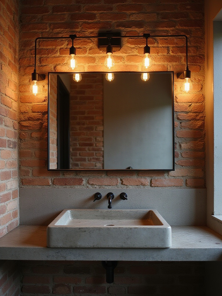 Industrial bathroom with Edison bulb pendant lighting over a concrete sink.