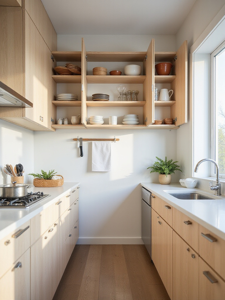 Modern compact kitchen with space-saving solutions like vertical storage, pull-out drawers, and integrated features.