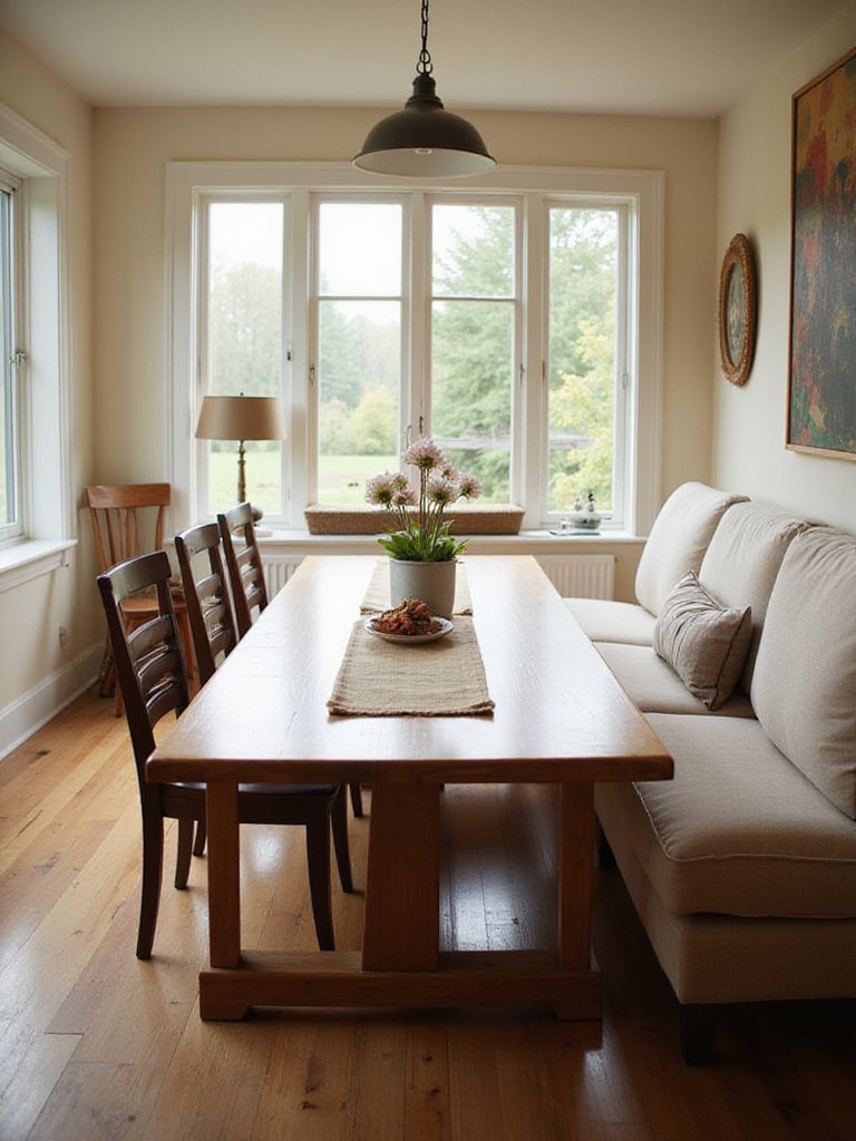 Dining room with a long wooden table, featuring a comfortable upholstered bench along one side and chairs on the other, creating a casual and inviting atmosphere.