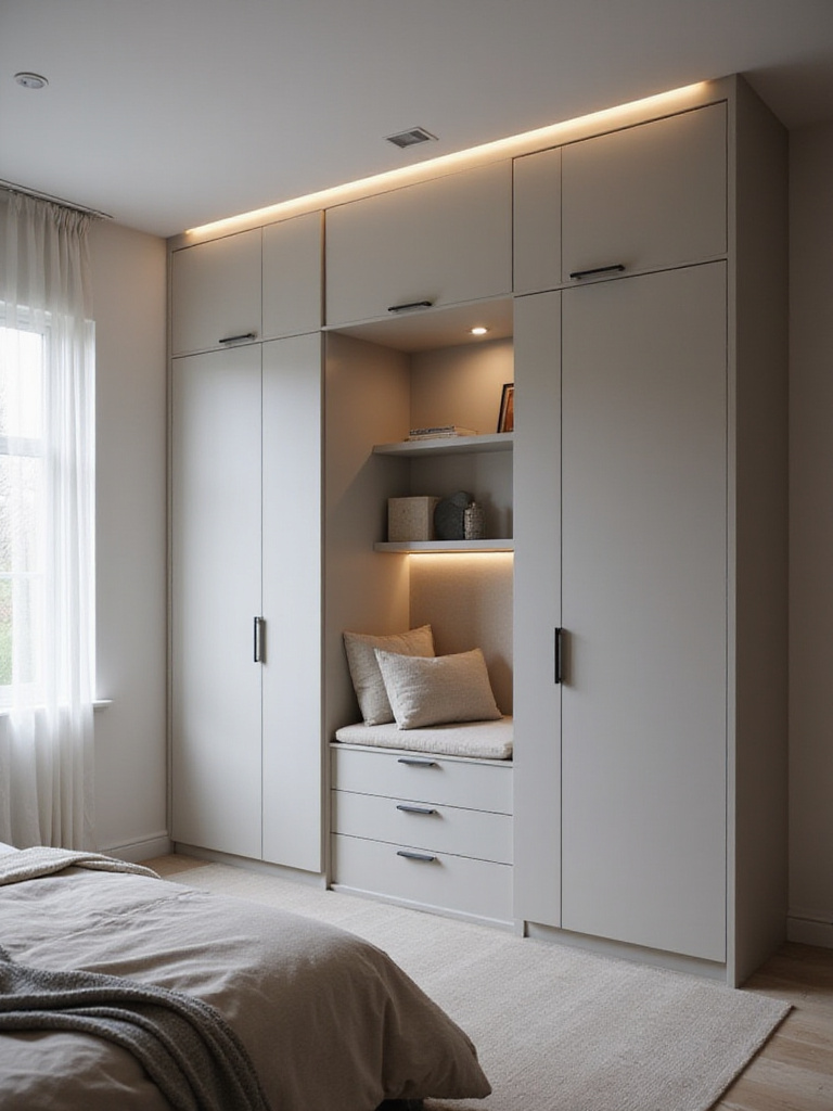 Small bedroom with a custom-built floor-to-ceiling wardrobe maximizing storage.