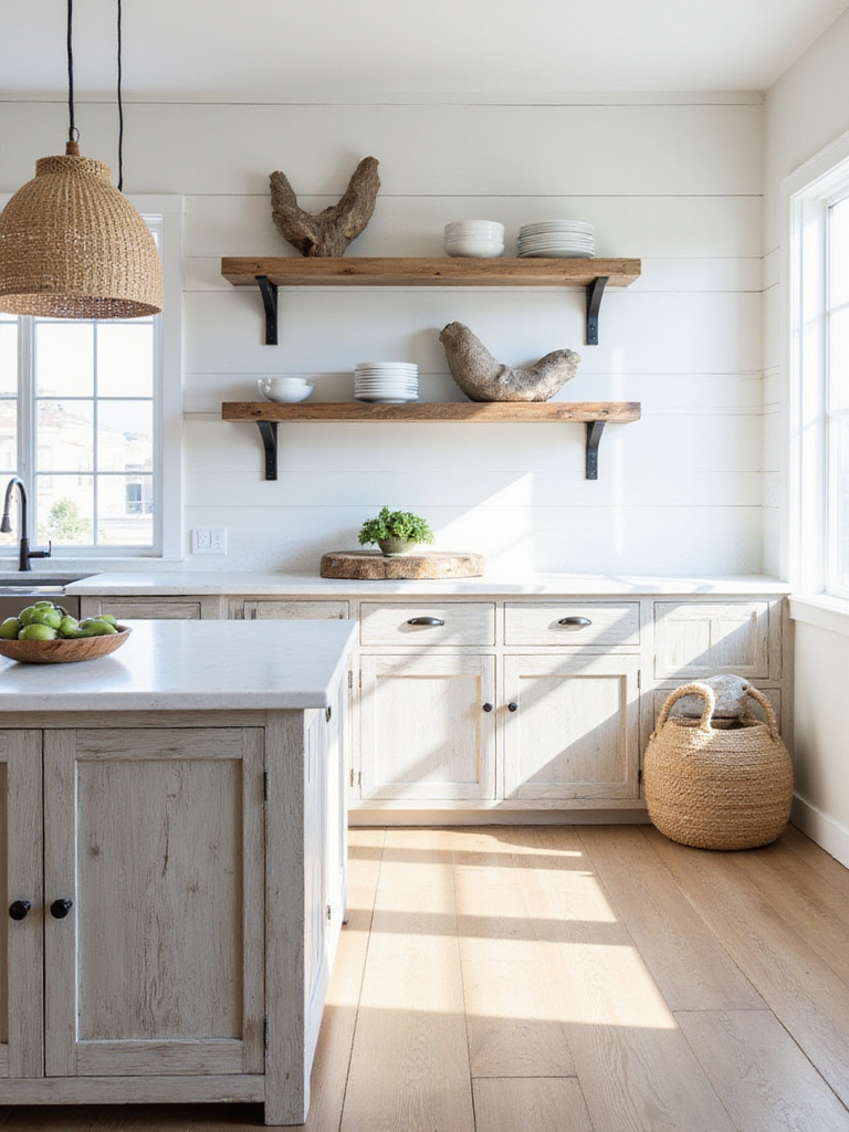 Coastal kitchen featuring a distressed wood island, weathered wood open shelving with driftwood accents, and white shiplap walls.