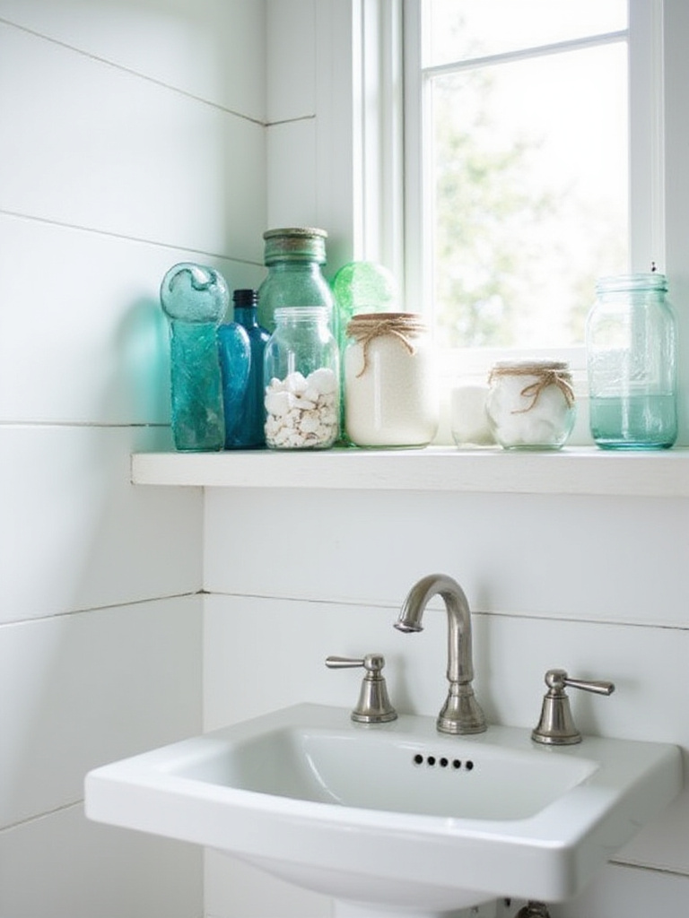 Coastal bathroom shelf with blue and green glass fishing floats and clear jars filled with sand and seashells.