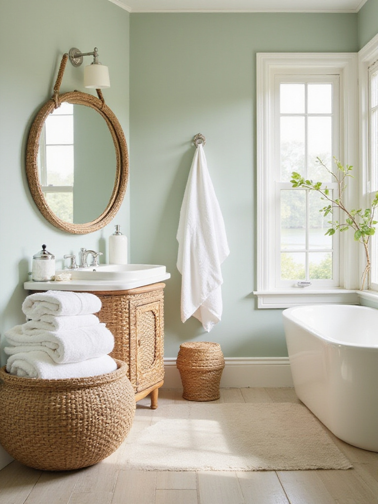 Coastal bathroom featuring natural textures, including a rattan-framed mirror over the vanity and woven wicker storage baskets filled with towels.