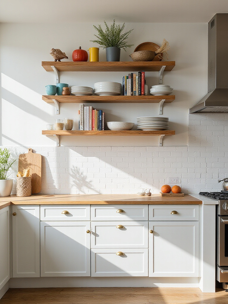 Modern kitchen featuring open shelving with curated dishware and decor