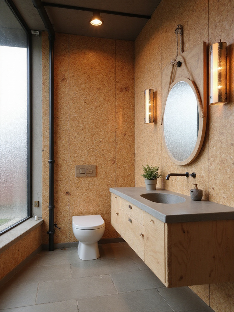 Industrial bathroom featuring raw OSB wall panels and a custom plywood vanity.