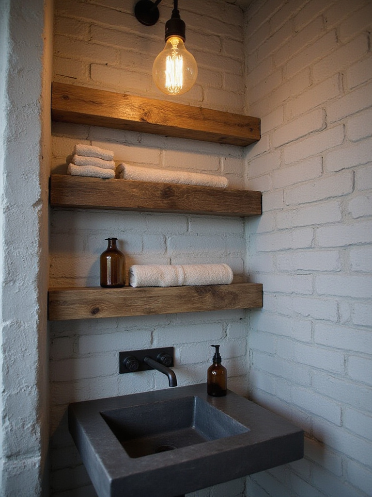 Industrial bathroom with reclaimed wood shelving displaying towels and toiletries.
