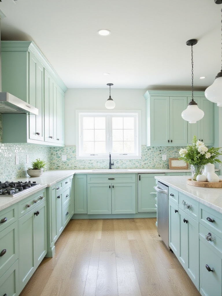 Coastal kitchen featuring soft seafoam green cabinets and a pale blue and green seaglass tile backsplash, illuminated by natural light.
