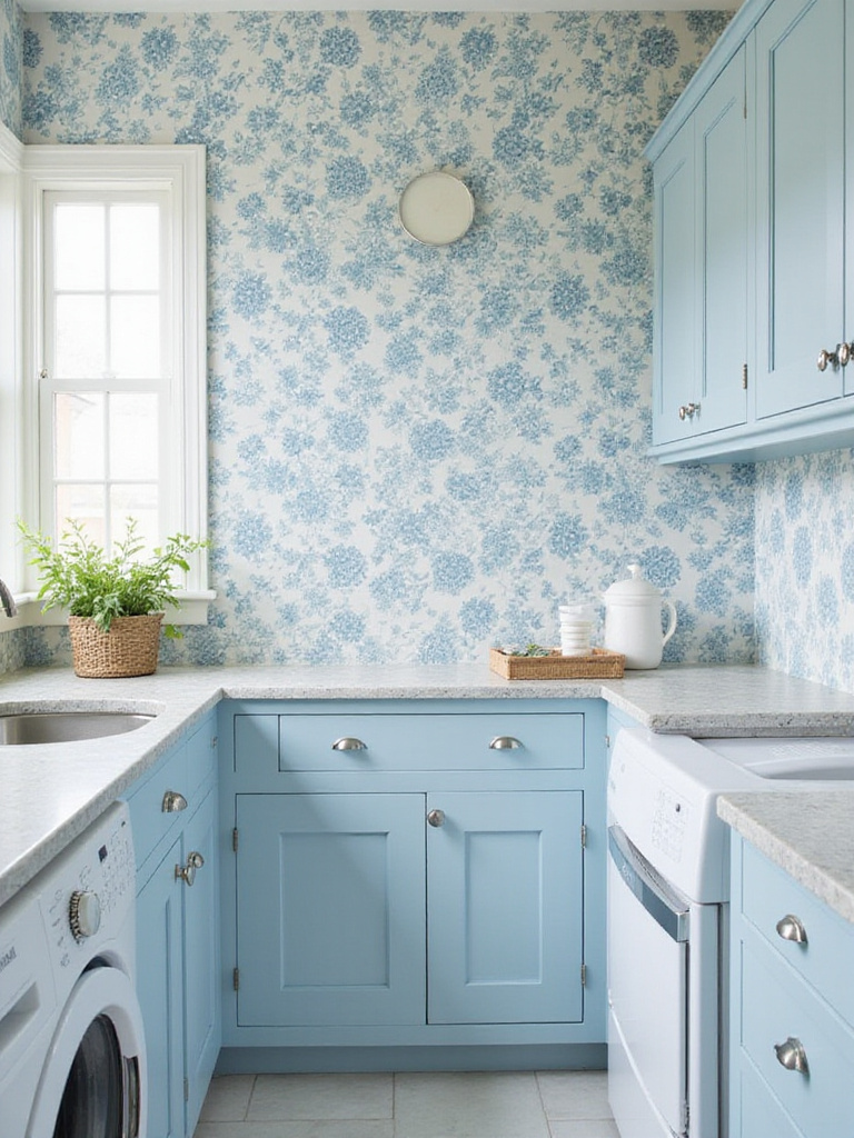 Laundry room featuring coordinated blue and white floral wallpaper with matching dusty blue cabinets.