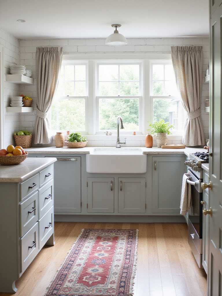 Modern farmhouse kitchen with patterned rug, linen curtains, and woven baskets.