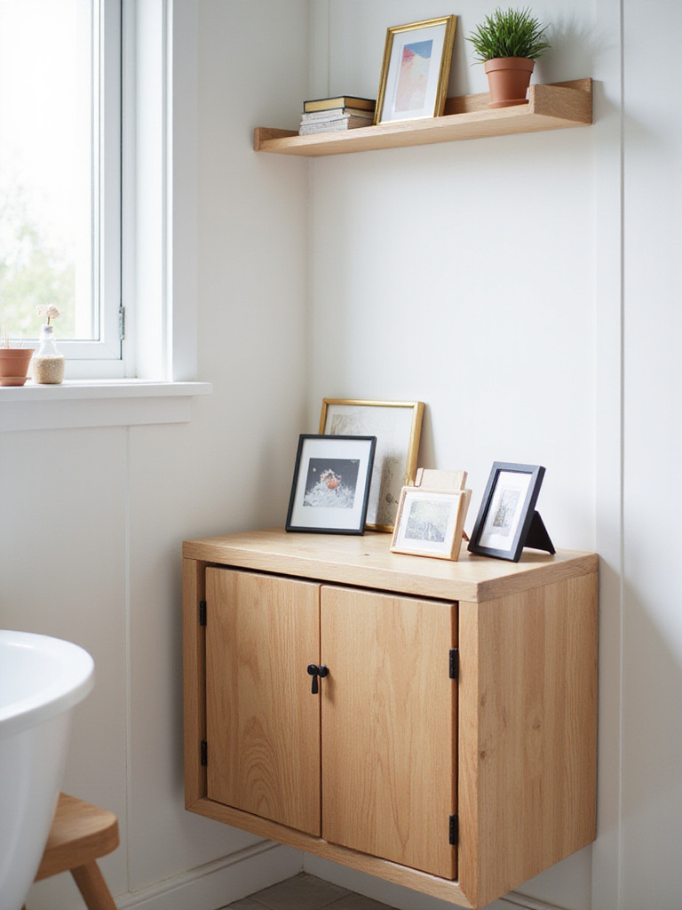 Miniature framed art pieces displayed on a floating bathroom cabinet and shelf, adding decorative flair to the modern space.